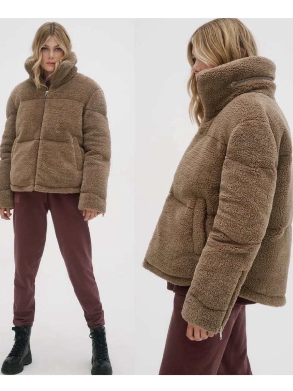 NOIZE Kamala Faux Sherpa Puffer Jacket Size Small Nordstrom Coat Brown Boho